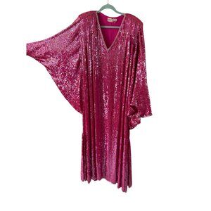 Judith Ann Creations Womens Sequin Beaded V-neck Gown Size 2X Pink Silk Vintage